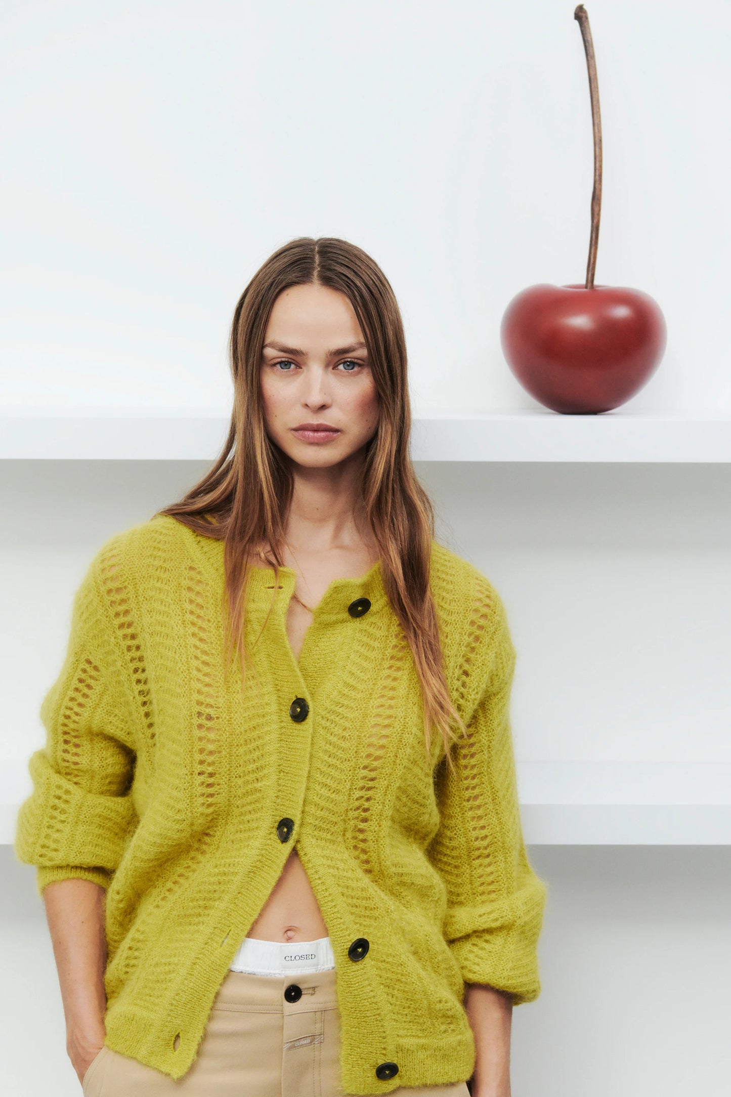 Closed Sweater Woman Cardigan Crew Neck Golden Yellow