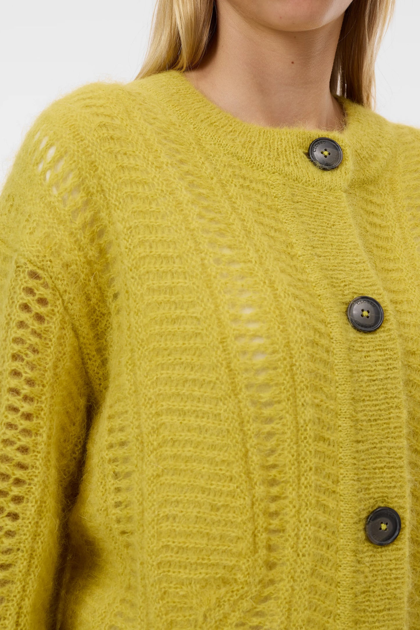 Closed Sweater Woman Cardigan Crew Neck Golden Yellow