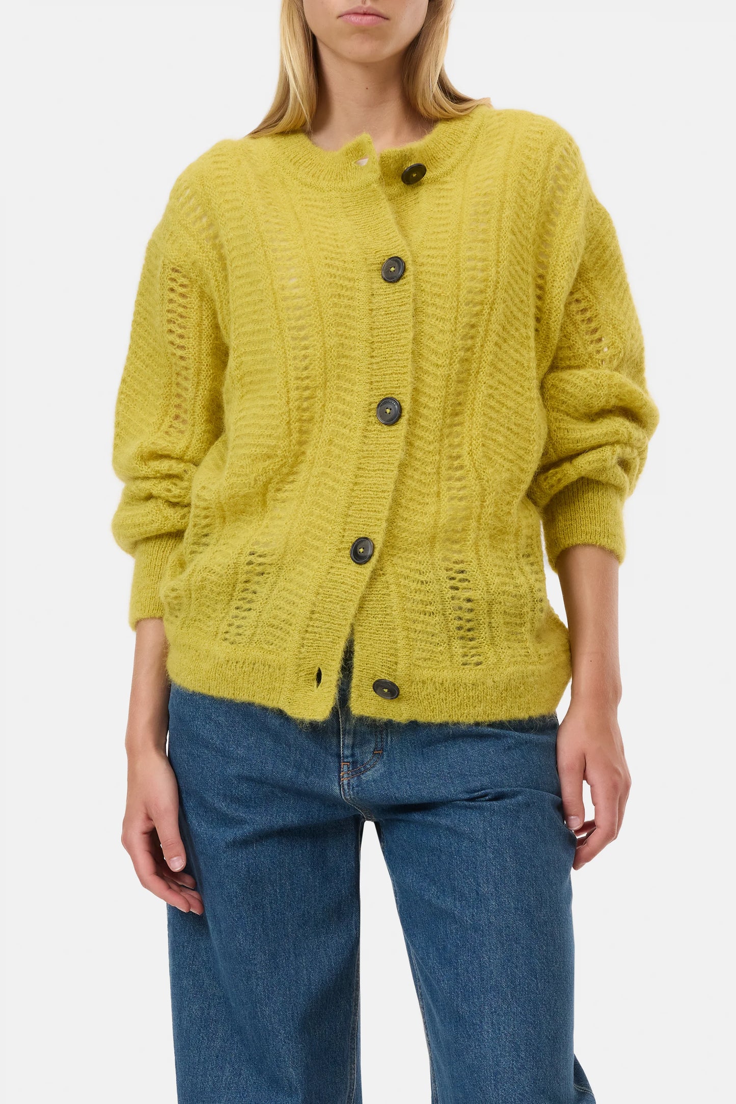 Closed Sweater Woman Cardigan Crew Neck Golden Yellow