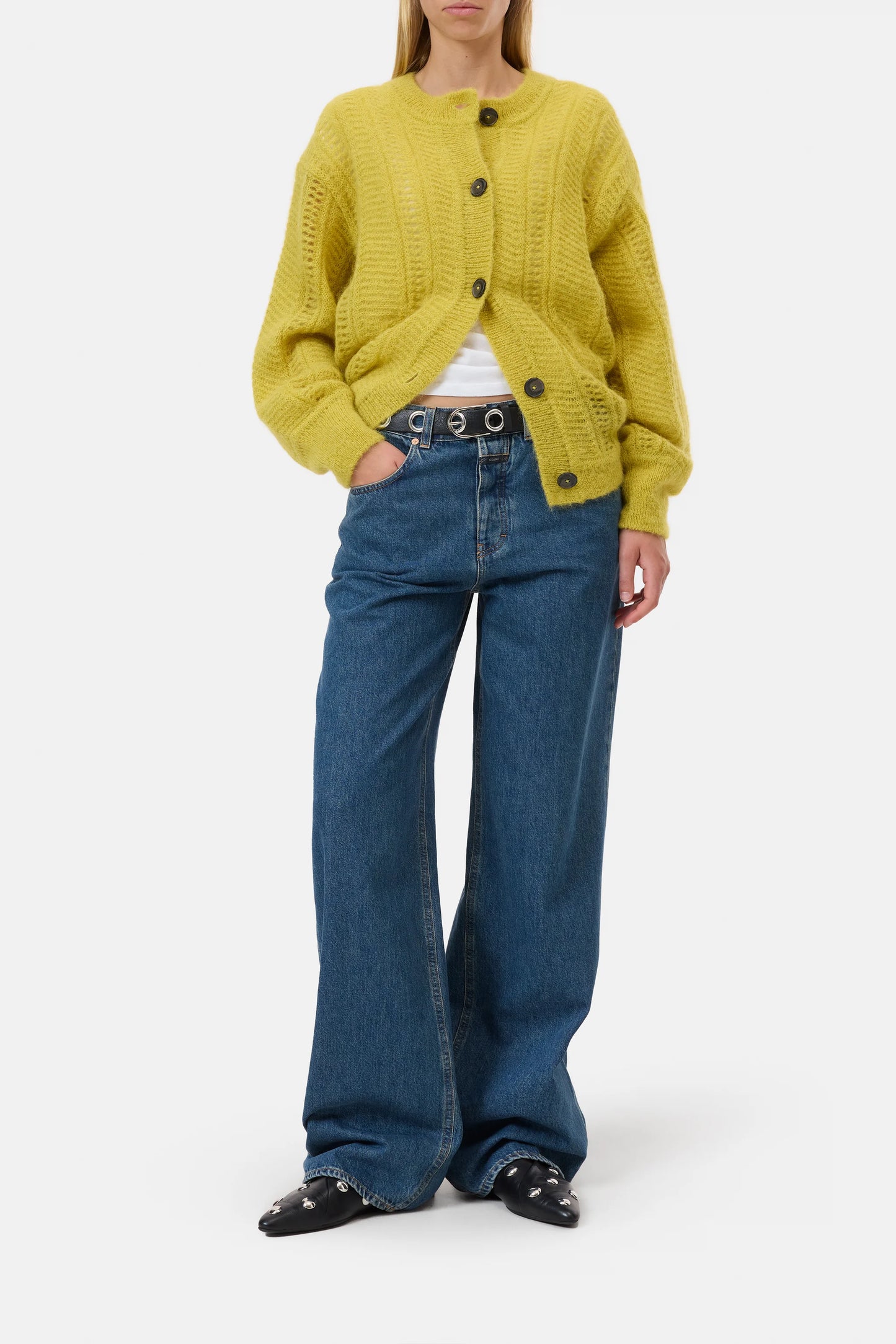 Closed Sweater Woman Cardigan Crew Neck Golden Yellow