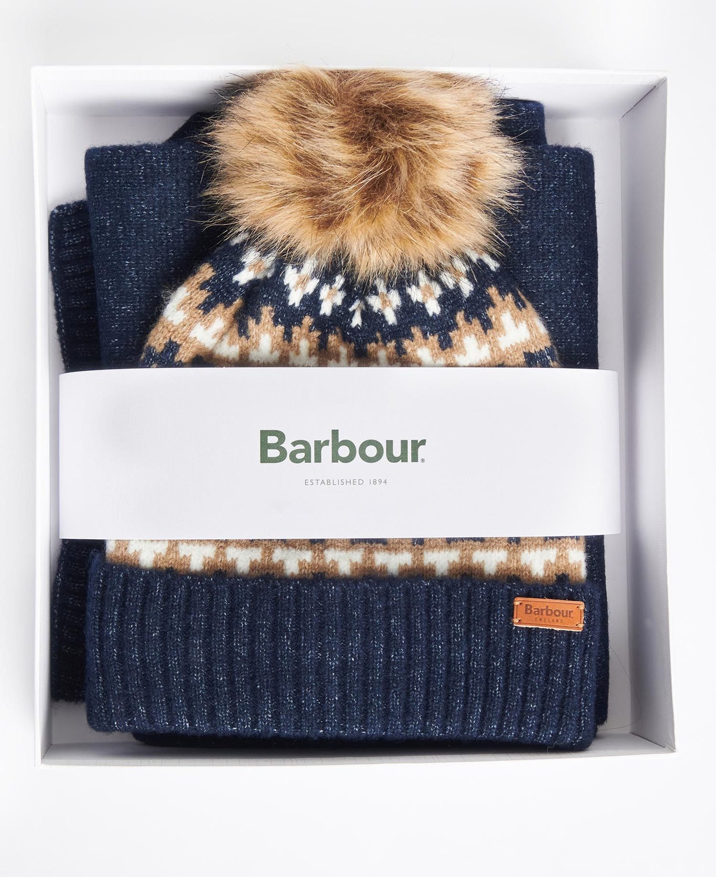 Barbour Scarf & Beanie Gift Eden Fairisle Navy