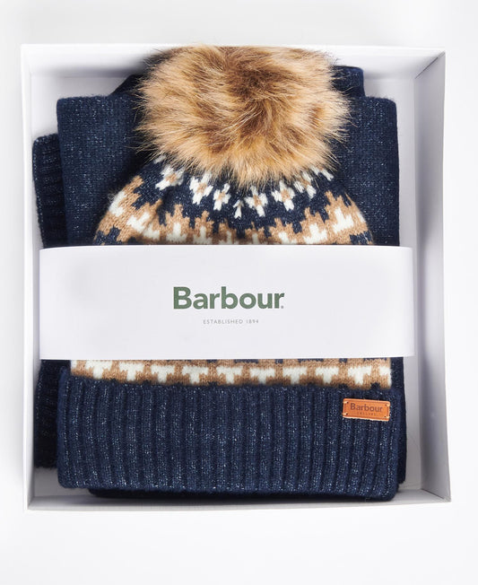 Barbour Scarf & Beanie Gift Eden Fairisle Navy