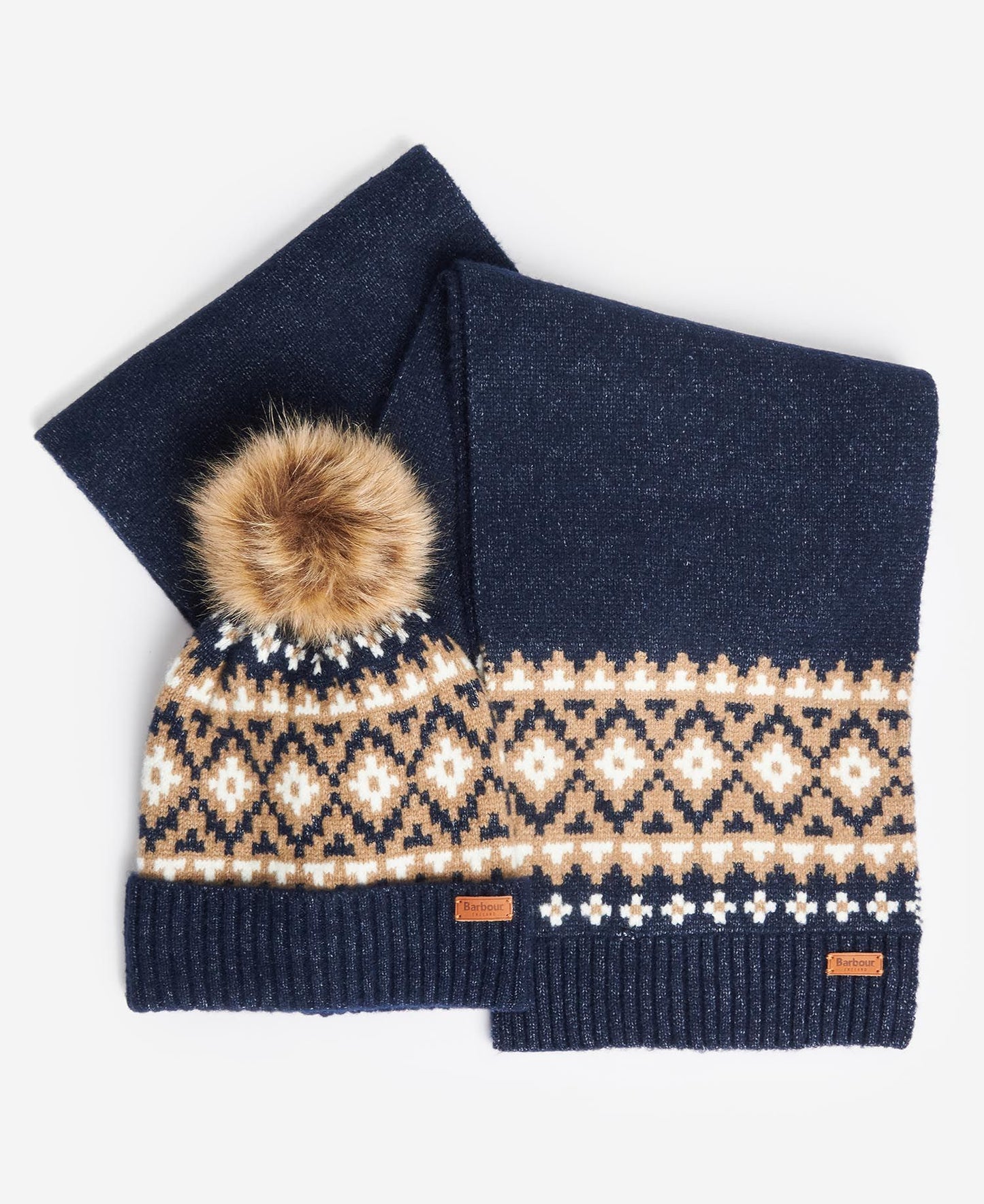 Barbour Scarf & Beanie Gift Eden Fairisle Navy
