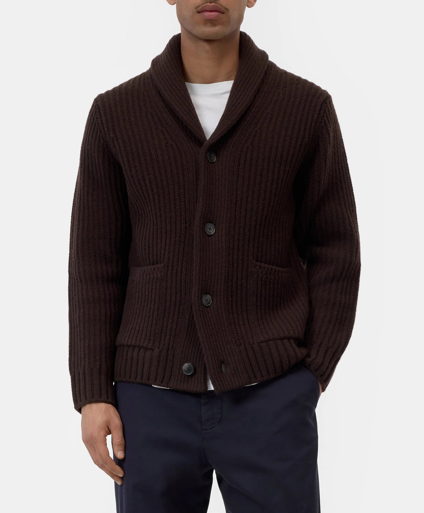 Closed Sweater Man Cardigan Scarf Collar Brown