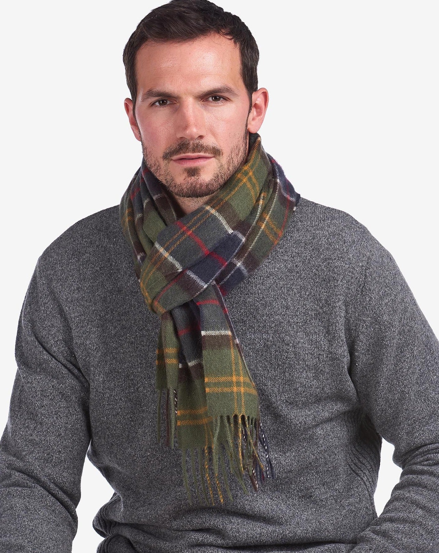 Barbour Scarf Wool Cashmere Tartan Olive Night